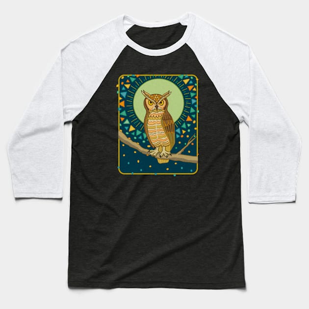 MID CENTURY GOTHIC Great Horned Owl Baseball T-Shirt by rorabeenie